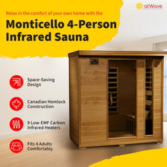 HEATWAVE Montecillo 4 Person Hemlock Low EMF Infrared Sauna for Home & Indoor Relaxation – with 9 Carbon Heaters, Chromotherapy Lighting, Tempered Glass Door, Sound System, Ergonomic Backrests