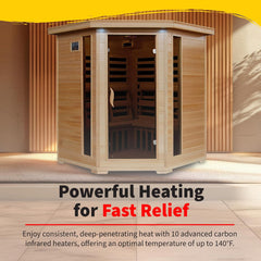 HEATWAVE Tucson 4 Person Hemlock Low EMF Infrared Sauna for Home & Indoor Relaxation – with 9 Carbon Heaters, Chromotherapy Lighting, Tempered Glass Door, Sound System, Ergonomic Backrests