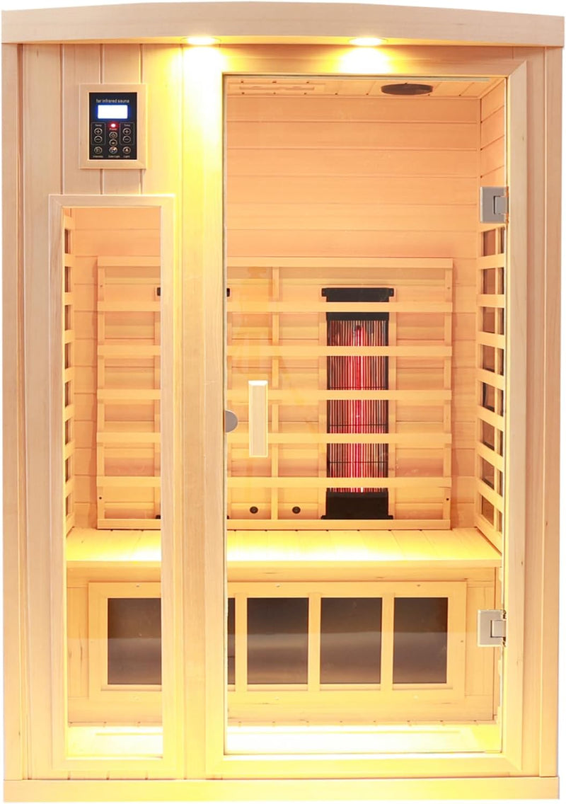 Ceramic Infrared Sauna, 2 Person Infrared Saunas for Home, Hemlock Wood Sauna Room, 2 in 1 Indoor Sauna with Low EMF Heaters + Ceramic Heating Cubes-Chromotherapy-Bluetooth Speaker