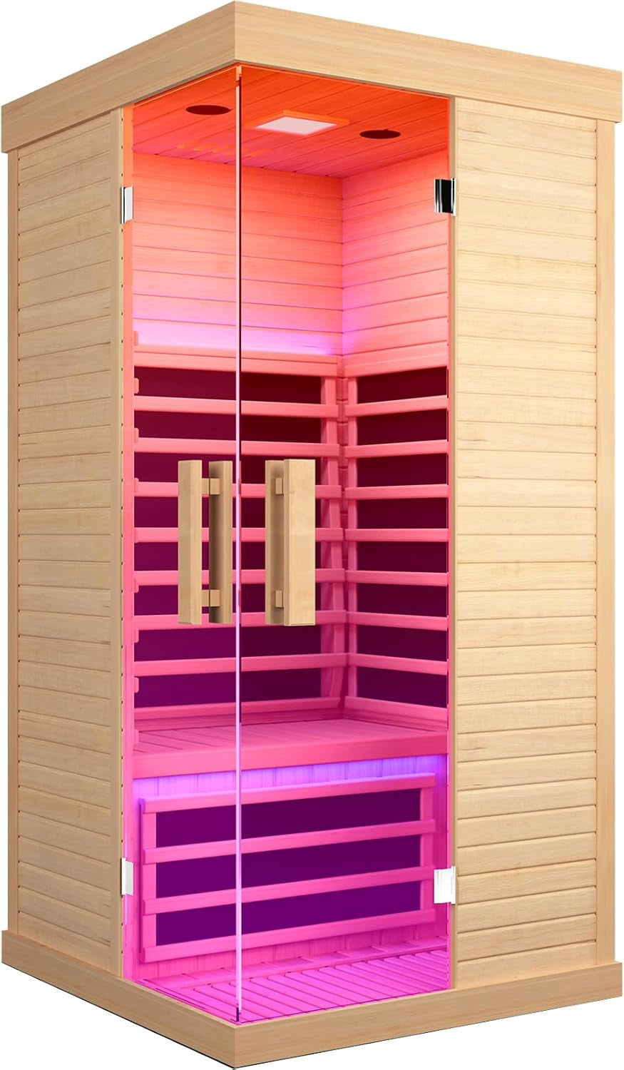 Sauna Room Indoor Far Infrared Saunas Home Canadian Hemlock 1420W Low-Emf Dry Saunas Single Person Spa with Oxygen Bar 7 Color Therapy 33.5 * 33.5 * 70.8 Inch