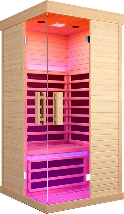 Sauna Room Indoor Far Infrared Saunas Home Canadian Hemlock 1420W Low-Emf Dry Saunas Single Person Spa with Oxygen Bar 7 Color Therapy 33.5 * 33.5 * 70.8 Inch