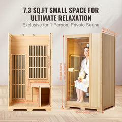 Far Infrared Wooden Sauna, Room Home Sauna Spa for One Person, 1140W Low EMF Far Infrared Hemlock Wood Sauna with Tempered Glass Door & LED Reading Lamp & Bluetooth Speakers, 35 * 29 * 64 Inch