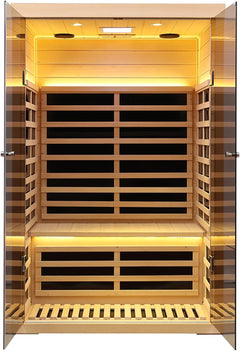 Hemlock 2 Person Low EMF Far Infrared Sauna, Home Indoor Sauna, Luxury Tempered Glass Doors, 1780W, App & LCD Panel Control, Bluetooth Speakers, Chromotherapy Lights, Reading Lights