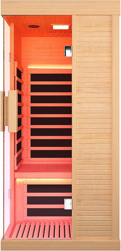 Sauna Room Indoor Far Infrared Saunas Home Canadian Hemlock 1420W Low-Emf Dry Saunas Single Person Spa with Oxygen Bar 7 Color Therapy 33.5 * 33.5 * 70.8 Inch