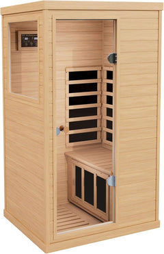 Far Infrared Wooden Sauna Room, 1-Person Size Left Bench, with 1050W, 6 Heating Plates, 10-15 Minutes Pre-Warm Up