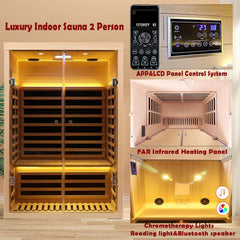 Hemlock 2 Person Low EMF Far Infrared Sauna, Home Indoor Sauna, Luxury Tempered Glass Doors, 1780W, App & LCD Panel Control, Bluetooth Speakers, Chromotherapy Lights, Reading Lights