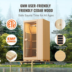 Far Infrared Wooden Sauna, Room Home Sauna Spa for One Person, 1140W Low EMF Far Infrared Hemlock Wood Sauna with Tempered Glass Door & LED Reading Lamp & Bluetooth Speakers, 35 * 29 * 64 Inch