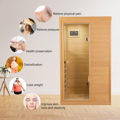 Far Infrared Wooden Sauna Room, 1-Person Size Left Bench, with 1050W, 6 Heating Plates, 10-15 Minutes Pre-Warm Up