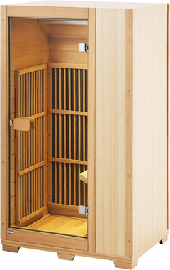 Far Infrared Wooden Sauna, Room Home Sauna Spa for One Person, 1140W Low EMF Far Infrared Hemlock Wood Sauna with Tempered Glass Door & LED Reading Lamp & Bluetooth Speakers, 35 * 29 * 64 Inch