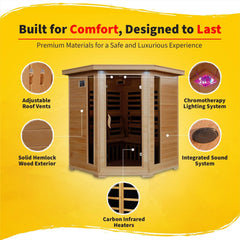 HEATWAVE Tucson 4 Person Hemlock Low EMF Infrared Sauna for Home & Indoor Relaxation – with 9 Carbon Heaters, Chromotherapy Lighting, Tempered Glass Door, Sound System, Ergonomic Backrests