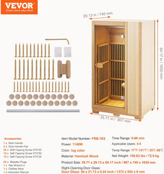 Far Infrared Wooden Sauna, Room Home Sauna Spa for One Person, 1140W Low EMF Far Infrared Hemlock Wood Sauna with Tempered Glass Door & LED Reading Lamp & Bluetooth Speakers, 35 * 29 * 64 Inch