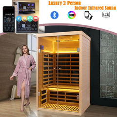 Hemlock 2 Person Low EMF Far Infrared Sauna, Home Indoor Sauna, Luxury Tempered Glass Doors, 1780W, App & LCD Panel Control, Bluetooth Speakers, Chromotherapy Lights, Reading Lights