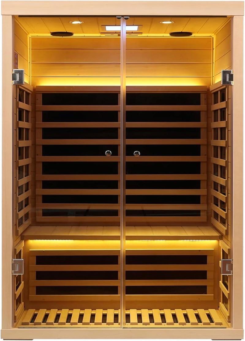 Hemlock 2 Person Low EMF Far Infrared Sauna, Home Indoor Sauna, Luxury Tempered Glass Doors, 1780W, App & LCD Panel Control, Bluetooth Speakers, Chromotherapy Lights, Reading Lights