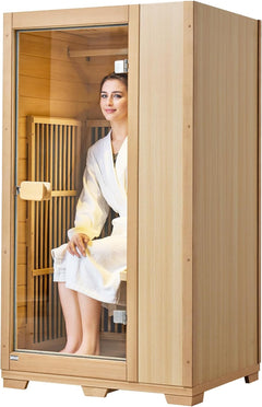 Far Infrared Wooden Sauna, Room Home Sauna Spa for One Person, 1140W Low EMF Far Infrared Hemlock Wood Sauna with Tempered Glass Door & LED Reading Lamp & Bluetooth Speakers, 35 * 29 * 64 Inch