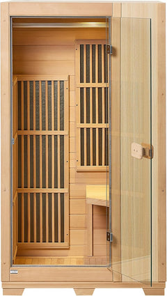 Far Infrared Wooden Sauna, Room Home Sauna Spa for One Person, 1140W Low EMF Far Infrared Hemlock Wood Sauna with Tempered Glass Door & LED Reading Lamp & Bluetooth Speakers, 35 * 29 * 64 Inch