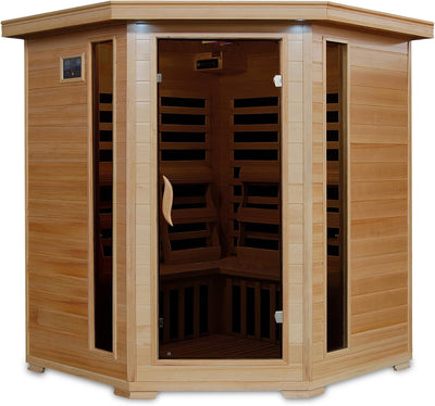 HEATWAVE Tucson 4 Person Hemlock Low EMF Infrared Sauna for Home & Indoor Relaxation – with 9 Carbon Heaters, Chromotherapy Lighting, Tempered Glass Door, Sound System, Ergonomic Backrests