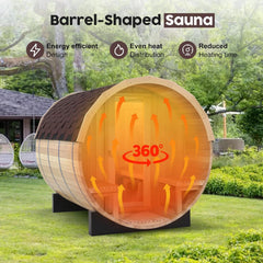 Indoor and Outdoor Barrel Sauna Room with Porch, Asphalt Shingle Roof, Canadian Hemlock Wood Steam Sauna with 6KW Harvia Heater, Tempered Glass, Mostly for 6 People Sauna Bath