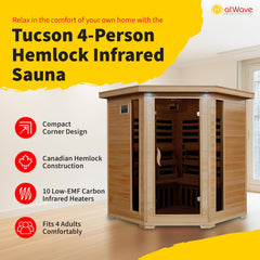 HEATWAVE Tucson 4 Person Hemlock Low EMF Infrared Sauna for Home & Indoor Relaxation – with 9 Carbon Heaters, Chromotherapy Lighting, Tempered Glass Door, Sound System, Ergonomic Backrests