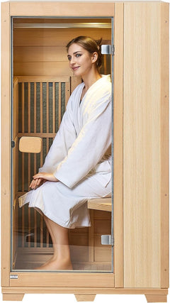 Far Infrared Wooden Sauna, Room Home Sauna Spa for One Person, 1140W Low EMF Far Infrared Hemlock Wood Sauna with Tempered Glass Door & LED Reading Lamp & Bluetooth Speakers, 35 * 29 * 64 Inch