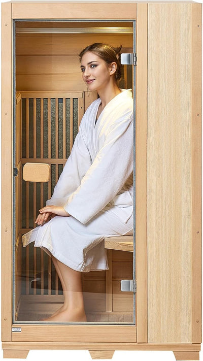 Far Infrared Wooden Sauna, Room Home Sauna Spa for One Person, 1140W Low EMF Far Infrared Hemlock Wood Sauna with Tempered Glass Door & LED Reading Lamp & Bluetooth Speakers, 35 * 29 * 64 Inch