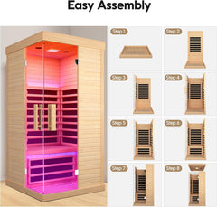 Sauna Room Indoor Far Infrared Saunas Home Canadian Hemlock 1420W Low-Emf Dry Saunas Single Person Spa with Oxygen Bar 7 Color Therapy 33.5 * 33.5 * 70.8 Inch