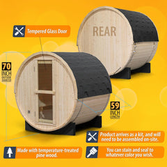 Barrel Sauna, Pinewood Outdoor Sauna for 2-4 People, 72X59 Inches