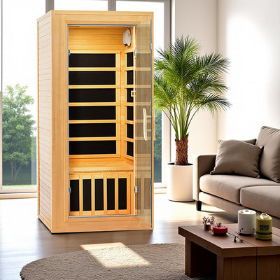 Far Infrared Sauna for Home 1 Person Hemlock Wood Dry Sauna Low EMF Heaters Panels Spa Indoor Sauna with Intelligent Control Panel 31.5 * 31.5 * 67In