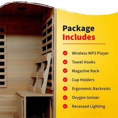 HEATWAVE Montecillo 4 Person Hemlock Low EMF Infrared Sauna for Home & Indoor Relaxation – with 9 Carbon Heaters, Chromotherapy Lighting, Tempered Glass Door, Sound System, Ergonomic Backrests