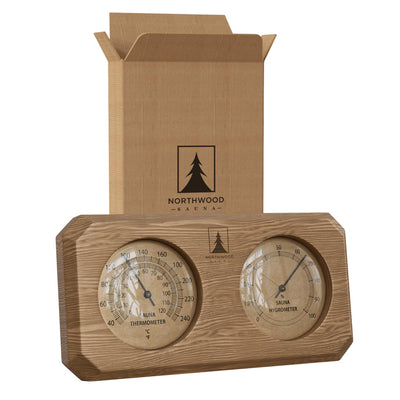 Sauna Thermometer and Hygrometer 2 in 1 - Fahrenheit & Celsius - Handmade from Canadian Red Cedar Wood - Luxurious Golden Metal Dials