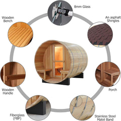 Indoor and Outdoor Barrel Sauna Room with Porch, Asphalt Shingle Roof, Canadian Hemlock Wood Steam Sauna with 6KW Harvia Heater, Tempered Glass, Mostly for 6 People Sauna Bath