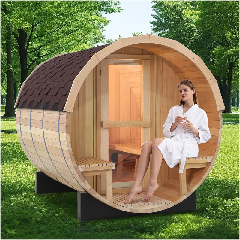 Indoor and Outdoor Barrel Sauna Room with Porch, Asphalt Shingle Roof, Canadian Hemlock Wood Steam Sauna with 6KW Harvia Heater, Tempered Glass, Mostly for 6 People Sauna Bath