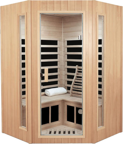 2-3 Person Infrared Sauna, Far Infrared Saunas for Home Low EMF Indoor Home Sauna Spa, Hemlock Wooden Corner Sauna Room,1670Watt, Bluetooth Speakers, Reading Lamps