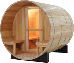 Indoor and Outdoor Barrel Sauna Room with Porch, Asphalt Shingle Roof, Canadian Hemlock Wood Steam Sauna with 6KW Harvia Heater, Tempered Glass, Mostly for 6 People Sauna Bath